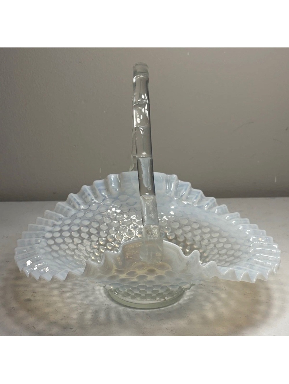 Fenton Hobnail French White Opalescent Basket with Bamboo Handle 10 1/4 wide
